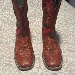Men's Embroidered Leather Cowboy Boots - Red and Brown